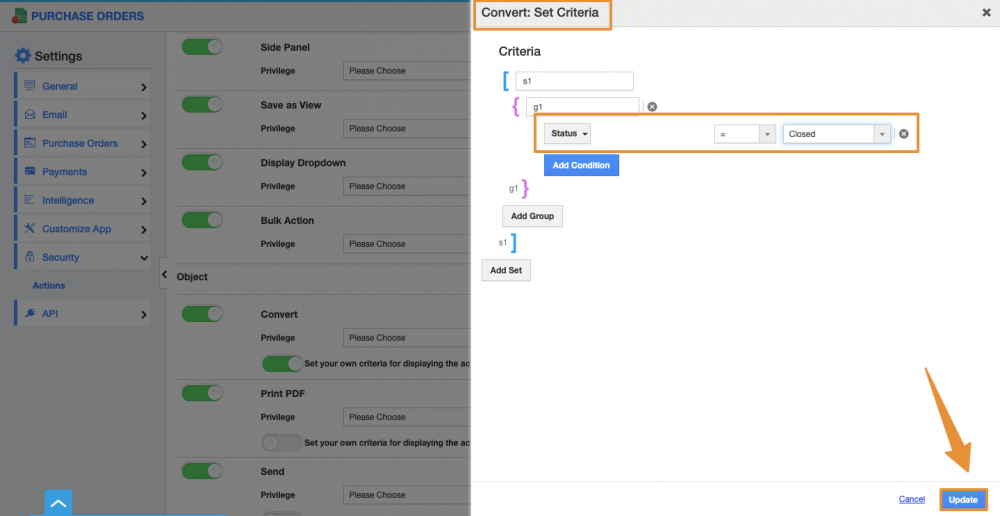 Set Criteria in Convert Action for Purchase Orders