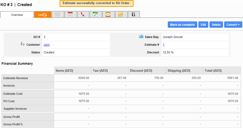 estimate converted to kit order
