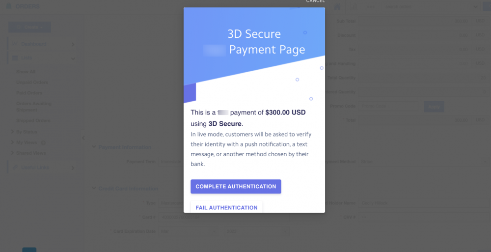 Stripe 3D Secure Payment Authentication for Orders App